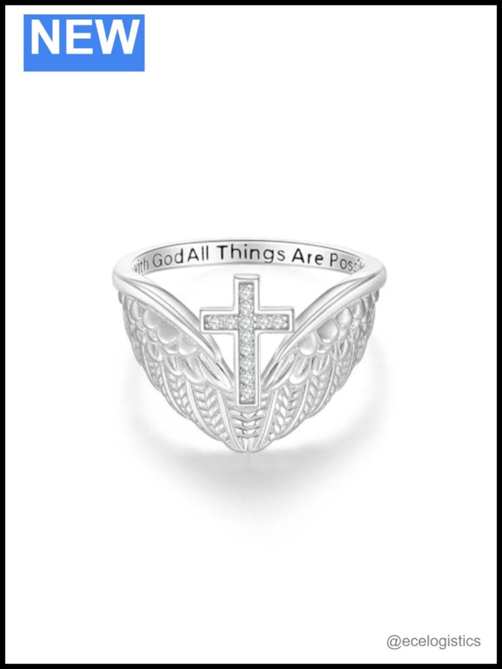 Sterling Silver Moissanite Cross Angel Wings Faith Ring Size 6-10